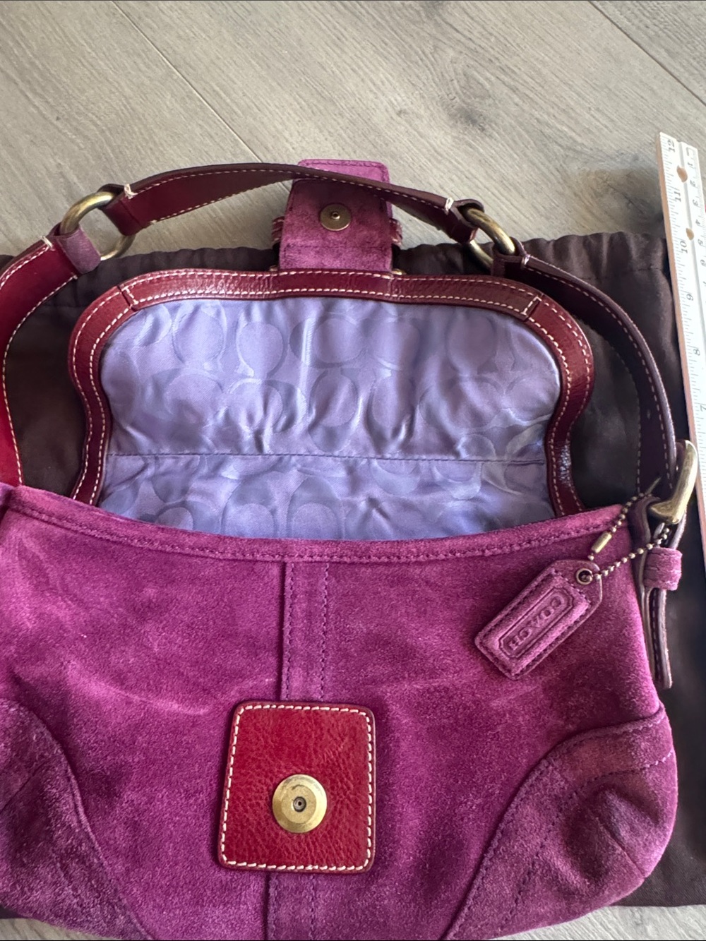 NWOT Vintage Y2K Coach Plum Suede Shoulder Bag with Leather Trim - Picture 9 of 10